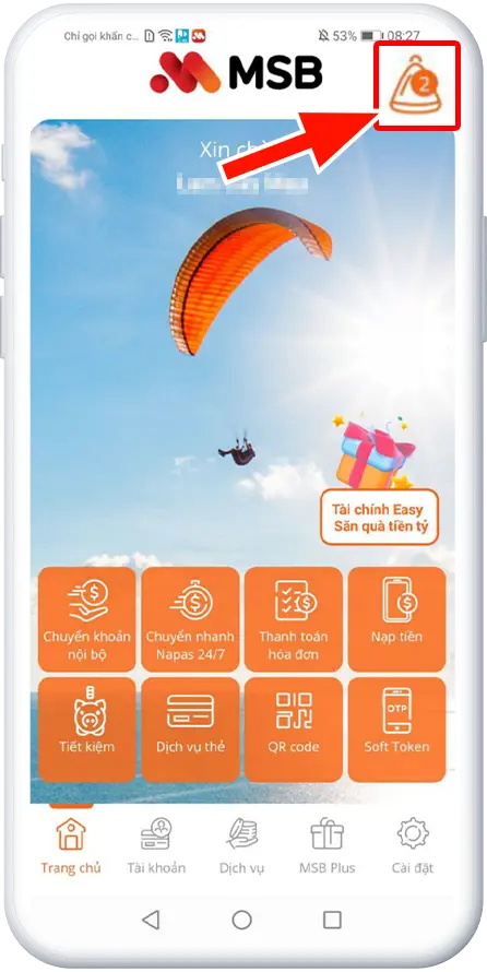 Bước 1 : Tại giao diện Trang chủ >> Chọn hình quả chuông thông báo